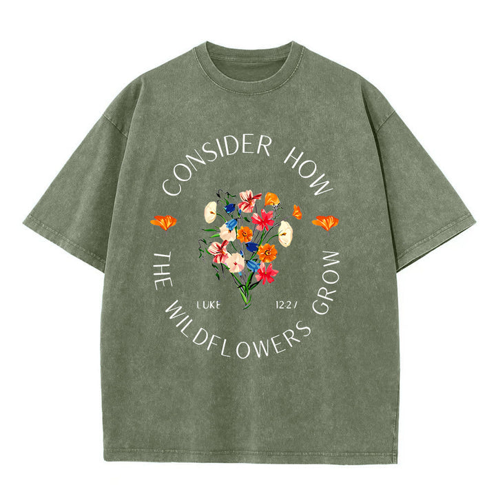 Christianartworkshop "Consider How The Wildflowers Grow" Unisex Washed T-Shirt - Army Green - 5XL - image 6