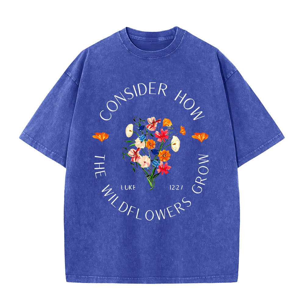 Christianartworkshop "Consider How The Wildflowers Grow" Unisex Washed T-Shirt - Blue - 5XL - image 4