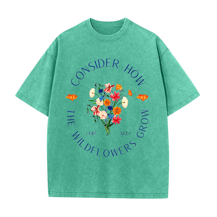Christianartworkshop "Consider How The Wildflowers Grow" Unisex Washed T-Shirt - Green - 5XL - image 11