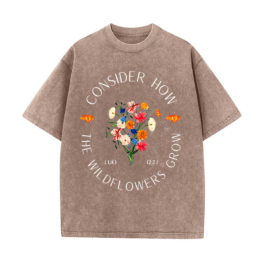 Christianartworkshop "Consider How The Wildflowers Grow" Unisex Washed T-Shirt - Coffee - 5XL - image 7