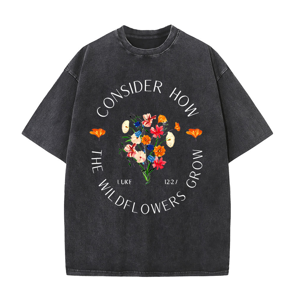 Christianartworkshop "Consider How The Wildflowers Grow" Unisex Washed T-Shirt - Black - 5XL - image 0