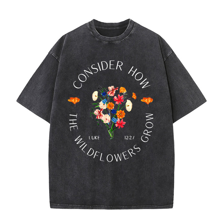 Christianartworkshop "Consider How The Wildflowers Grow" Unisex Washed T-Shirt - Black - 5XL - image 0