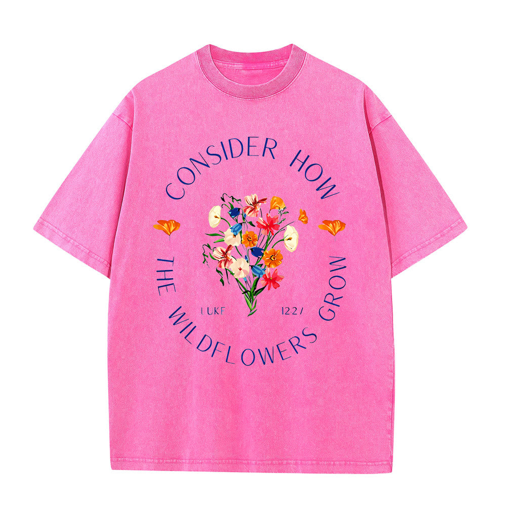 Christianartworkshop "Consider How The Wildflowers Grow" Unisex Washed T-Shirt - Pink - 5XL - image 8