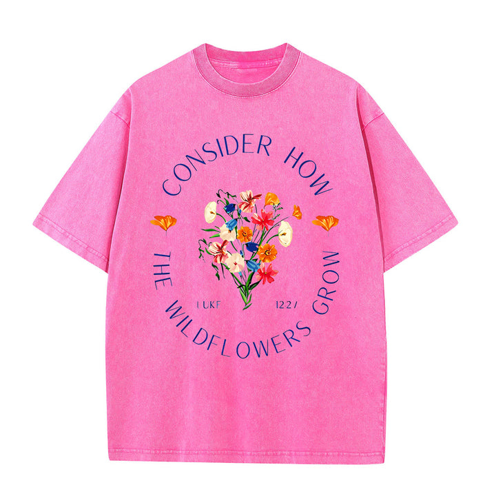 Christianartworkshop "Consider How The Wildflowers Grow" Unisex Washed T-Shirt - Pink - 5XL - image 8