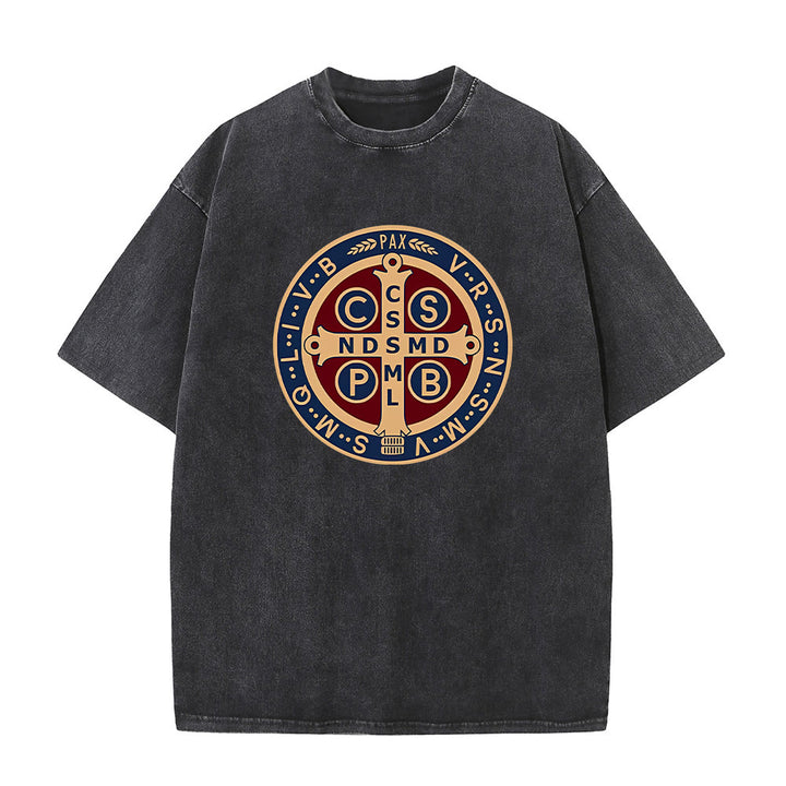 Christianartworkshop St. Benedict Medal Holy Cross Unisex Washed T-Shirt - Black - 5XL - image 0