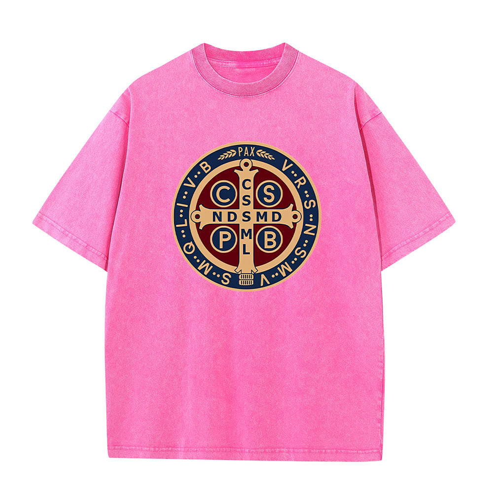 Christianartworkshop St. Benedict Medal Holy Cross Unisex Washed T-Shirt - Pink - 5XL - image 8