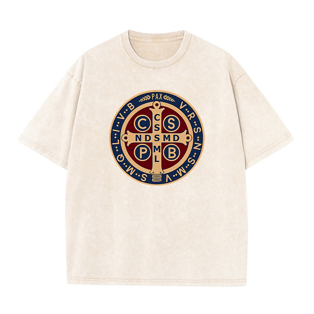 Christianartworkshop St. Benedict Medal Holy Cross Unisex Washed T-Shirt - Apricot - 5XL - image 9