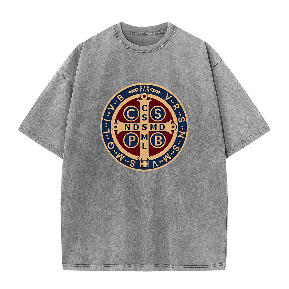 Christianartworkshop St. Benedict Medal Holy Cross Unisex Washed T-Shirt - Grey - 5XL - image 5