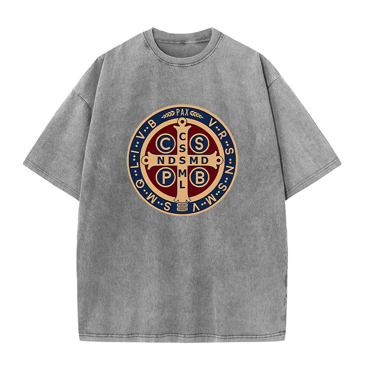 Christianartworkshop St. Benedict Medal Holy Cross Unisex Washed T-Shirt - Grey - 5XL - image 5