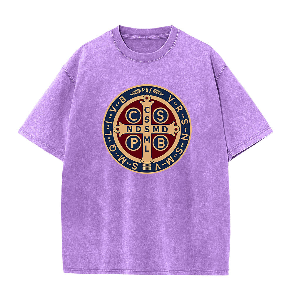 Christianartworkshop St. Benedict Medal Holy Cross Unisex Washed T-Shirt - Purple - 5XL - image 10