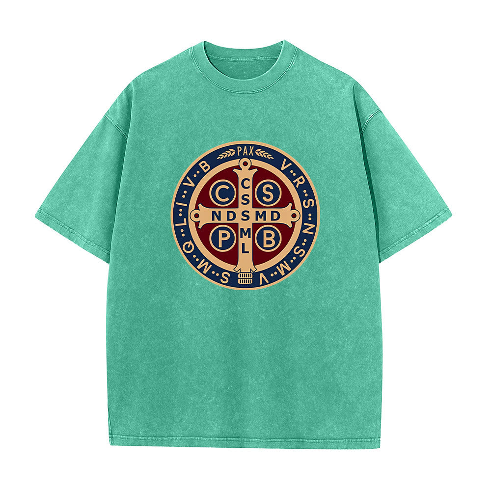 Christianartworkshop St. Benedict Medal Holy Cross Unisex Washed T-Shirt - Green - 5XL - image 11