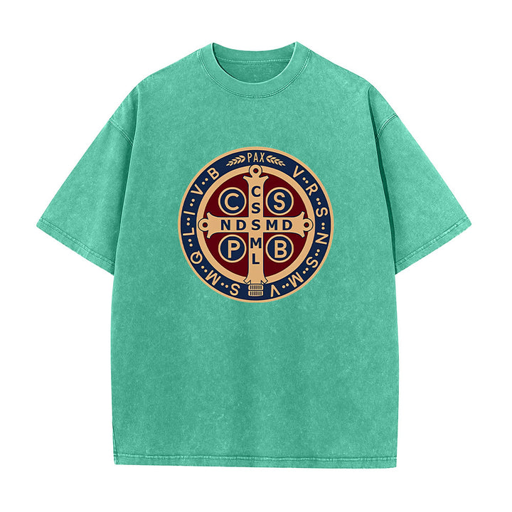 Christianartworkshop St. Benedict Medal Holy Cross Unisex Washed T-Shirt - Green - 5XL - image 11