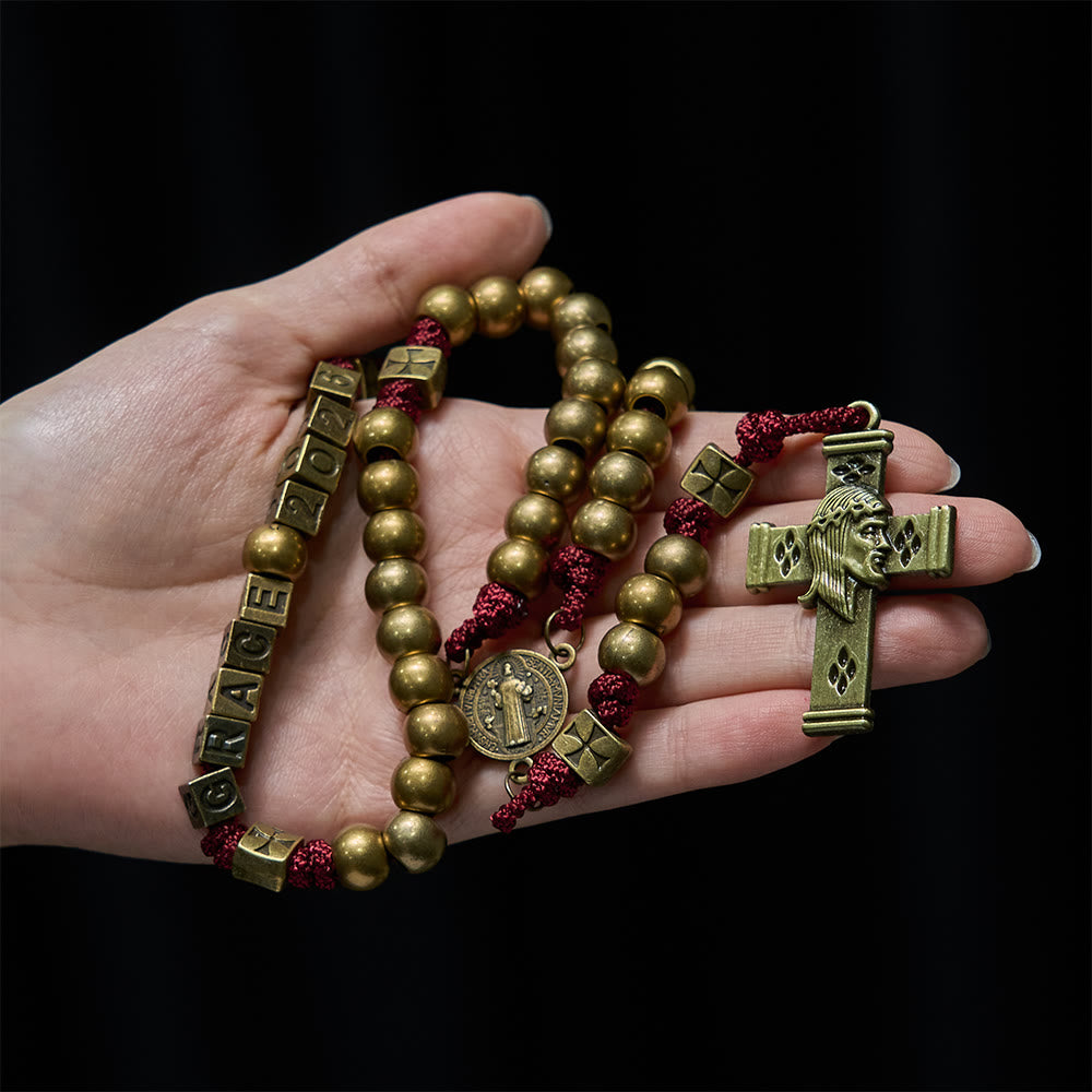 Christianartworkshop Grace & Year Bronze Red St. Benedict Rosary: 2026 Commemorative Beads with Custom Initials - image 1