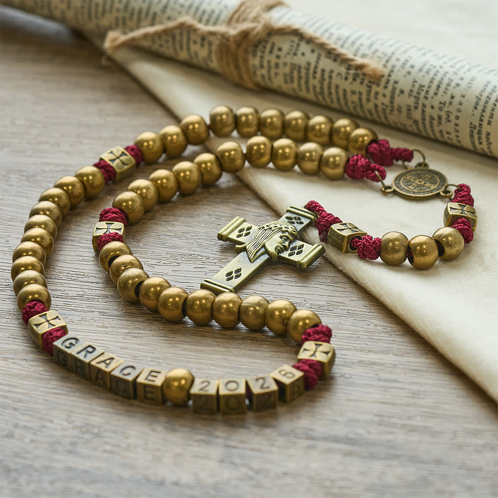 Christianartworkshop Grace & Year Bronze Red St. Benedict Rosary: 2026 Commemorative Beads with Custom Initials - 2026 New Year Rosary - image 0
