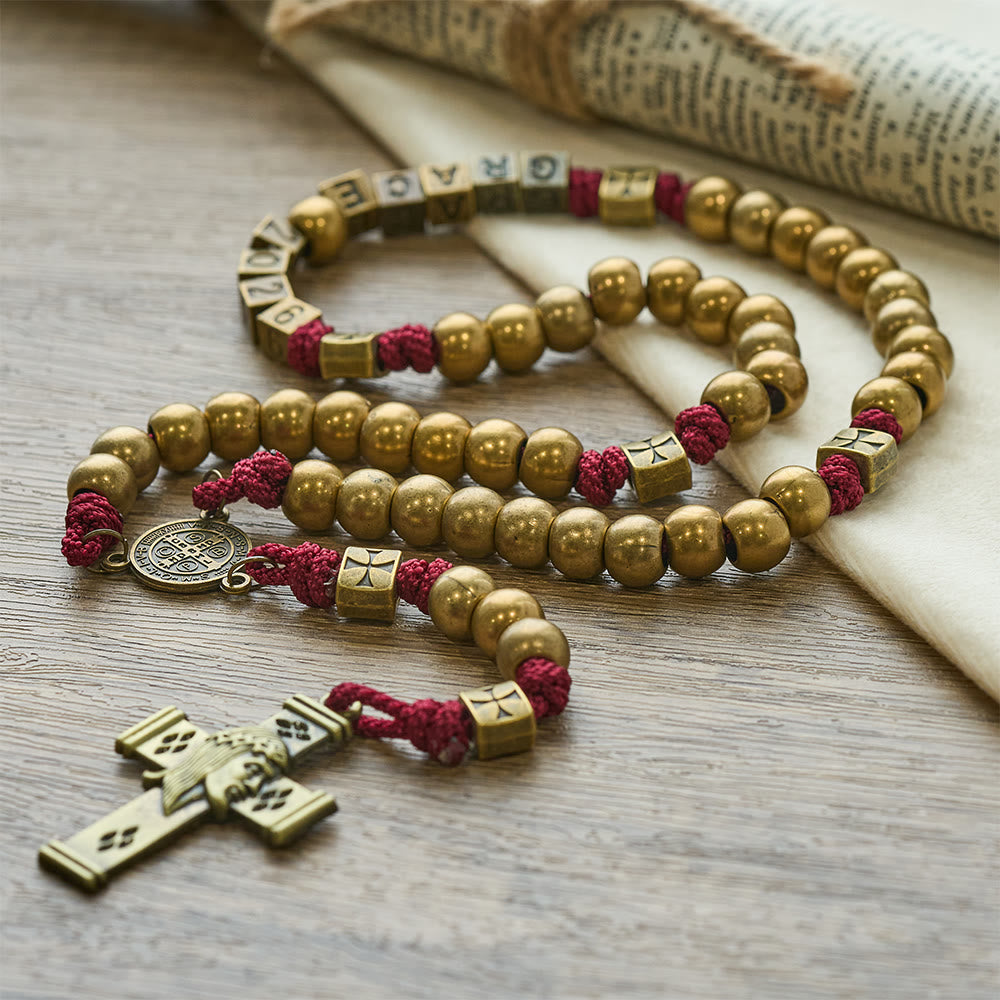 Christianartworkshop Grace & Year Bronze Red St. Benedict Rosary: 2026 Commemorative Beads with Custom Initials - image 7
