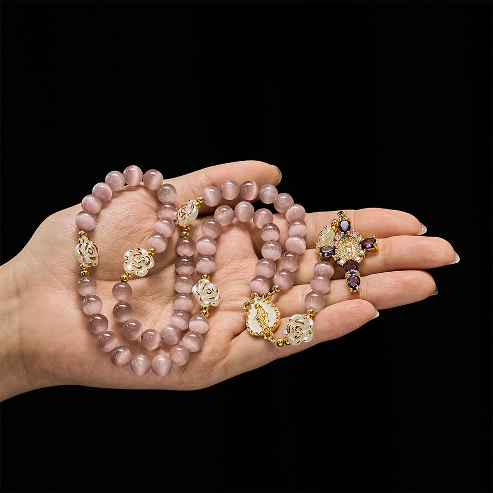 FREE Today: Cat's Eye & Rose Devotion Rosary in Lavender & Pink: Holy Mother Centerpiece for Gentle Prayer - image 1