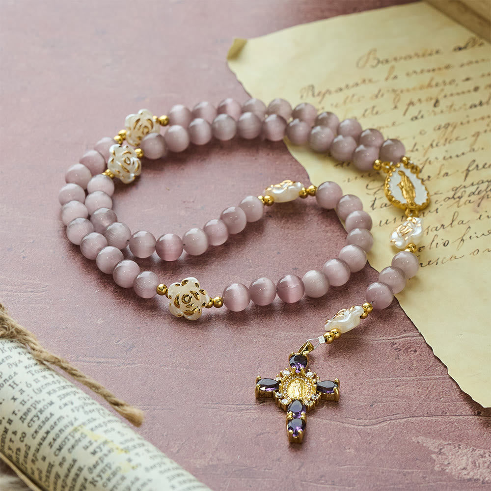 Christianartworkshop Cat's Eye & Rose Devotion Rosary in Lavender & Pink: Holy Mother Centerpiece for Gentle Prayer - image 4