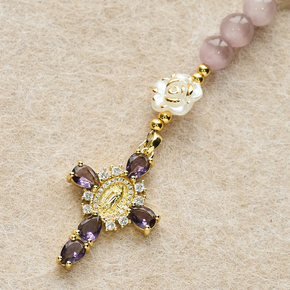 Christianartworkshop Soft Pink Cat's Eye Rosary with White Rose Beads and Holy Mother Emblem - image 14