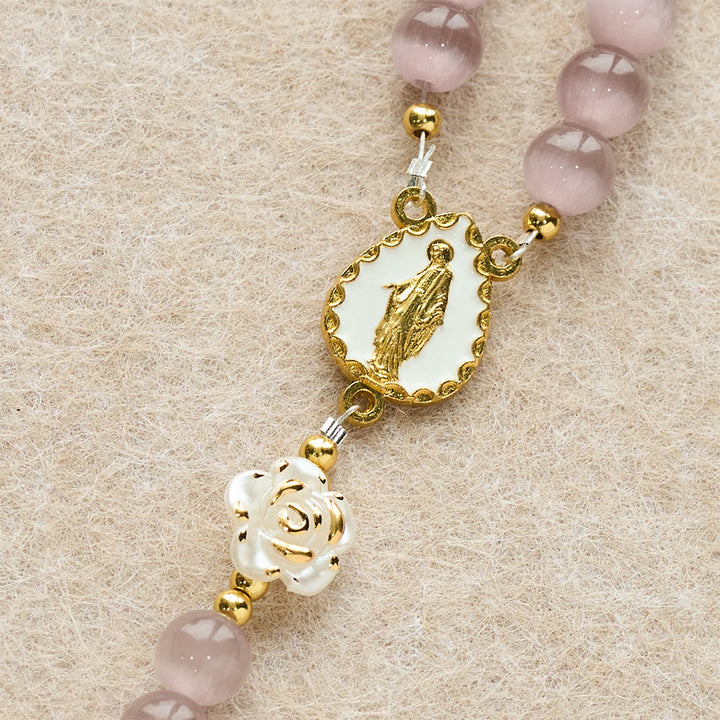 Christianartworkshop Soft Pink Cat's Eye Rosary with White Rose Beads and Holy Mother Emblem - image 15