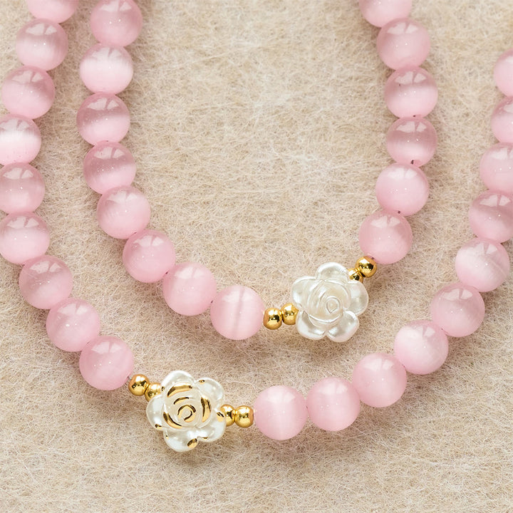 Christianartworkshop Soft Pink Cat's Eye Rosary with White Rose Beads and Holy Mother Emblem - image 7