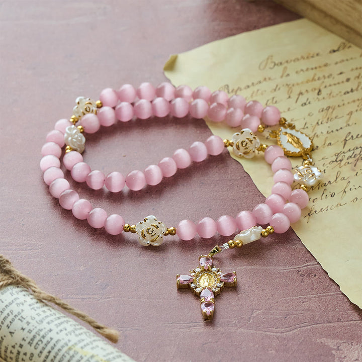 Christianartworkshop Cat's Eye & Rose Devotion Rosary in Lavender & Pink: Holy Mother Centerpiece for Gentle Prayer - image 13