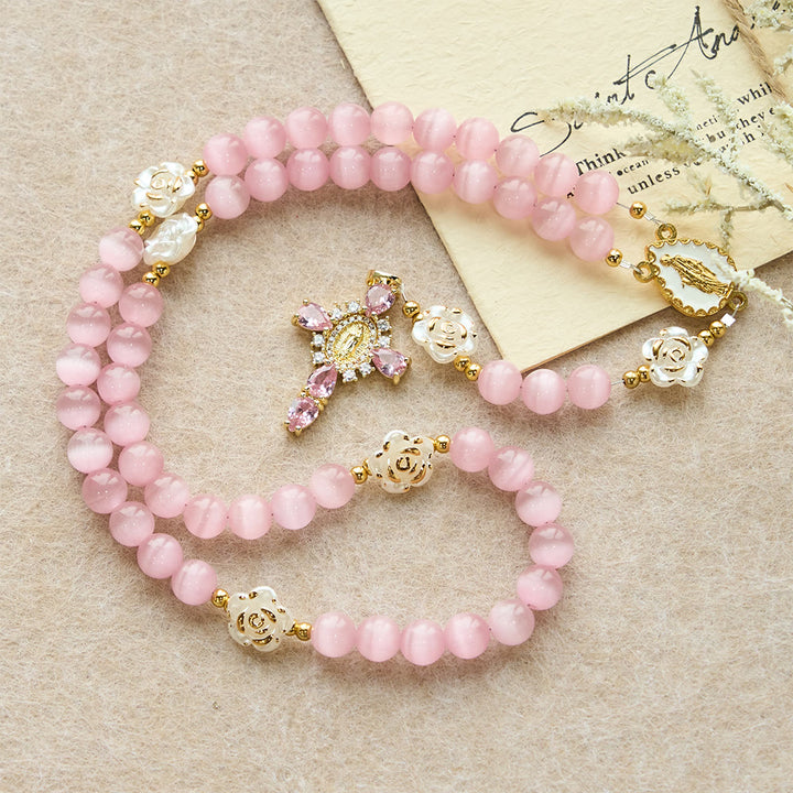 Christianartworkshop Soft Pink Cat's Eye Rosary with White Rose Beads and Holy Mother Emblem - image 3