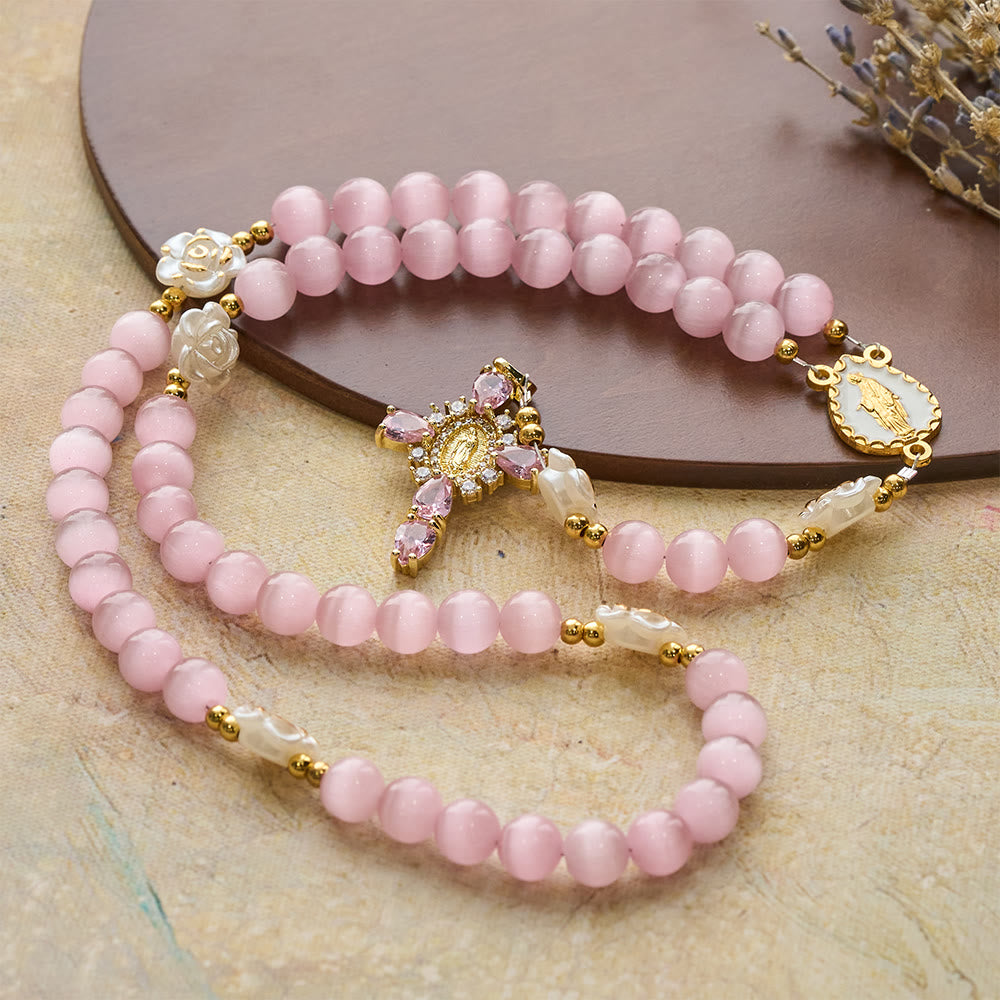 Christianartworkshop Soft Pink Cat's Eye Rosary with White Rose Beads and Holy Mother Emblem - image 5