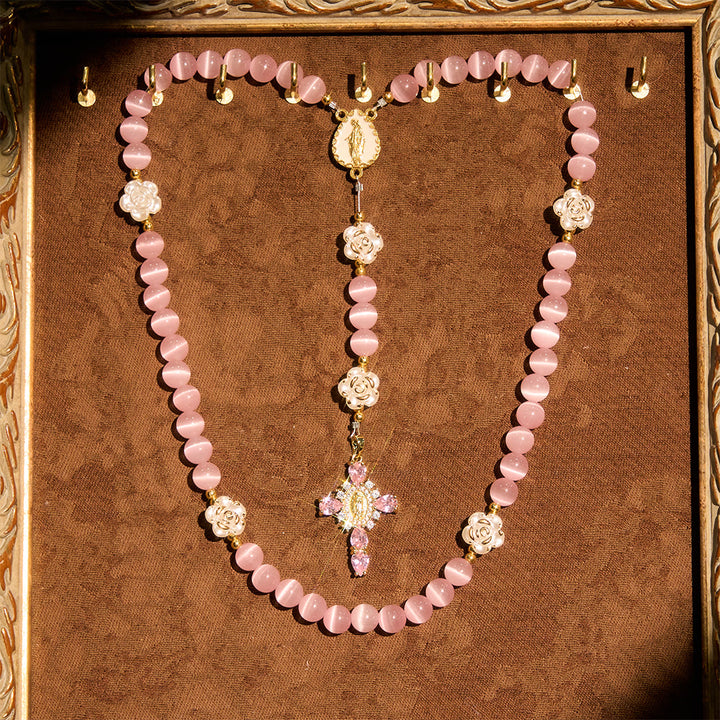 Christianartworkshop Soft Pink Cat's Eye Rosary with White Rose Beads and Holy Mother Emblem - Pink - image 0