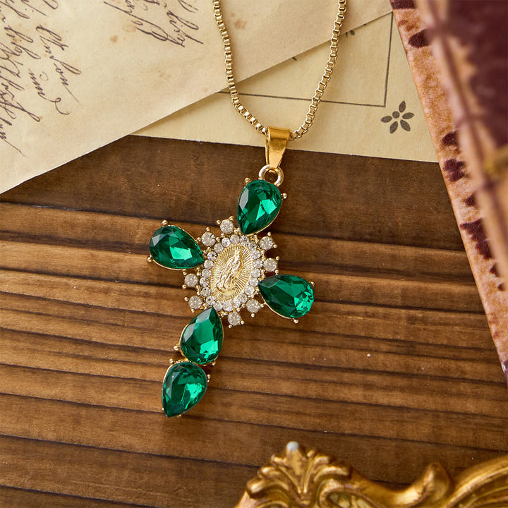 Christianartworkshop Luminous Our Lady Cross with Zircon Necklace: Warm Comfort for Faithful Hearts - Green - image 9