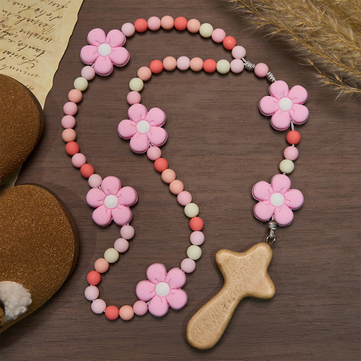 FREE Today: Colorful Children Rosary Beads Set: Soft Silicone Flowers in Pink Purple Blue for First Prayer - Pink - image 0
