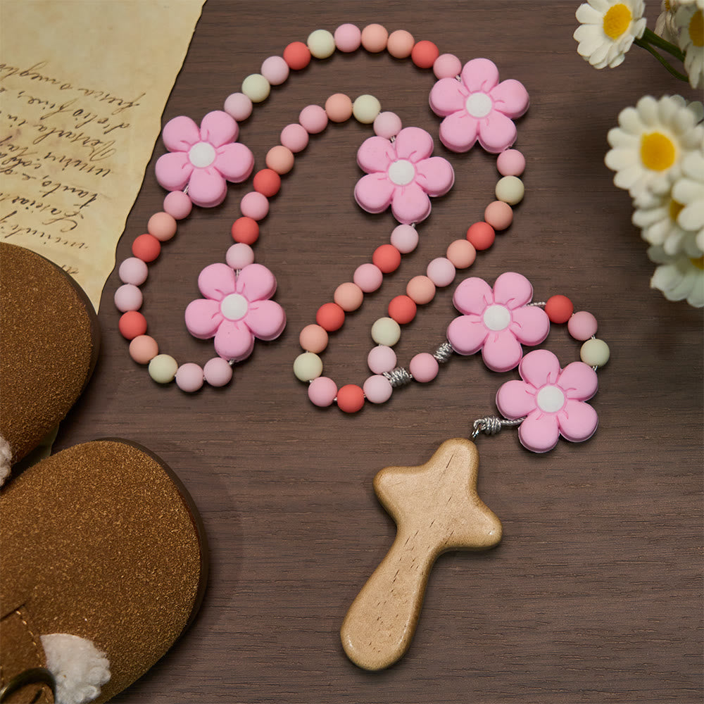 FREE Today: Colorful Children Rosary Beads Set: Soft Silicone Flowers in Pink Purple Blue for First Prayer - image 2