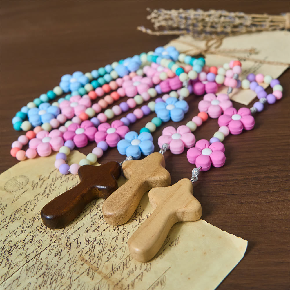 Christianartworkshop Colorful Children Rosary Beads Set: Soft Silicone Flowers in Pink Purple Blue for First Prayer - image 1