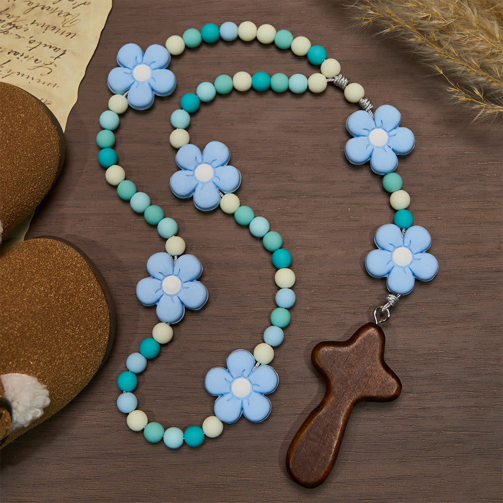 FREE Today: Colorful Children Rosary Beads Set: Soft Silicone Flowers in Pink Purple Blue for First Prayer - Blue - image 15