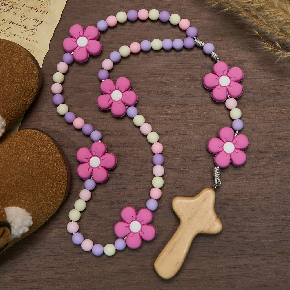FREE Today: Colorful Children Rosary Beads Set: Soft Silicone Flowers in Pink Purple Blue for First Prayer - Purple - image 8