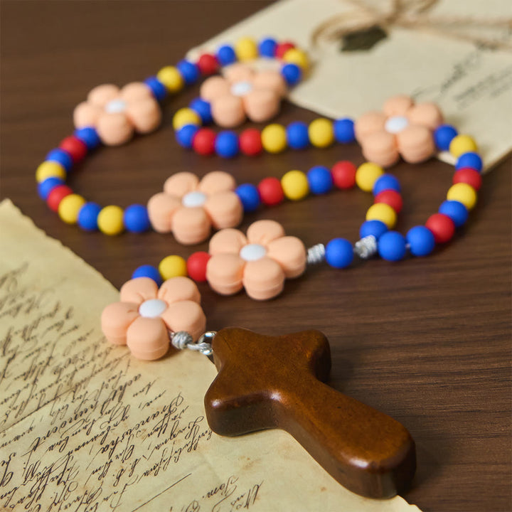 Christianartworkshop Kids Rosary with Soft Silicone Flowers: Fun Flower Design with Red Yellow Blue Palette - image 4