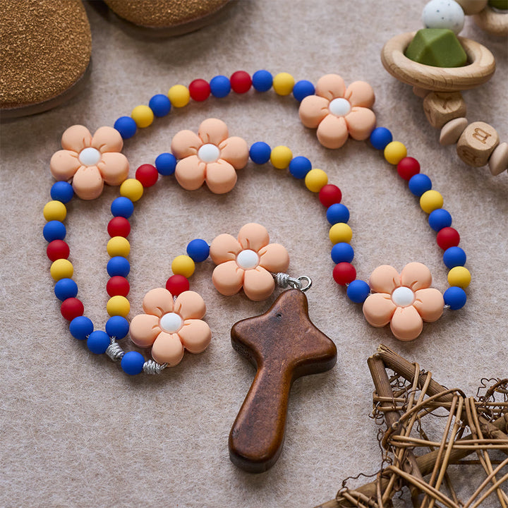 Christianartworkshop Kids Rosary with Soft Silicone Flowers: Fun Flower Design with Red Yellow Blue Palette - Multicolor - image 0
