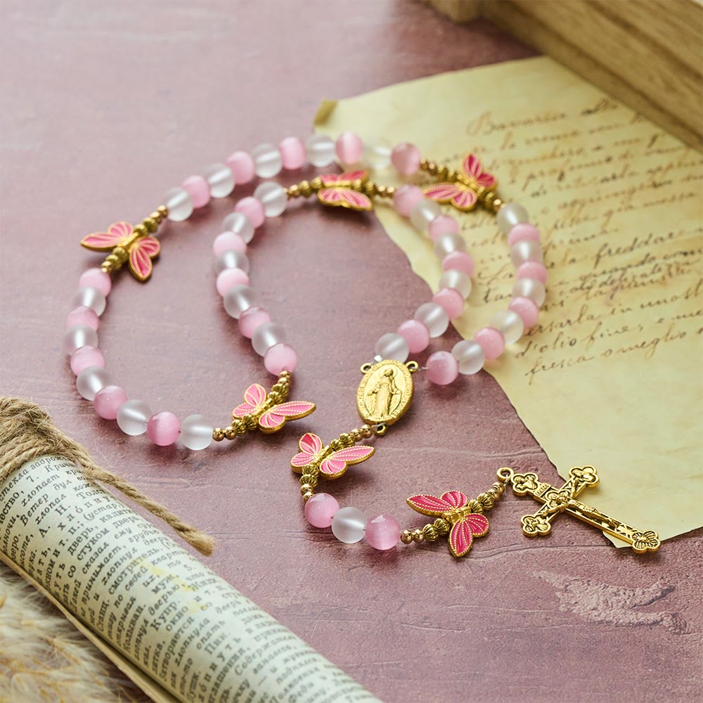 Christianartworkshop Purple/Pink Cat's Eye & Matte Glass Butterfly Blessed Rosary: Embody Sacred Love and Grace - image 14