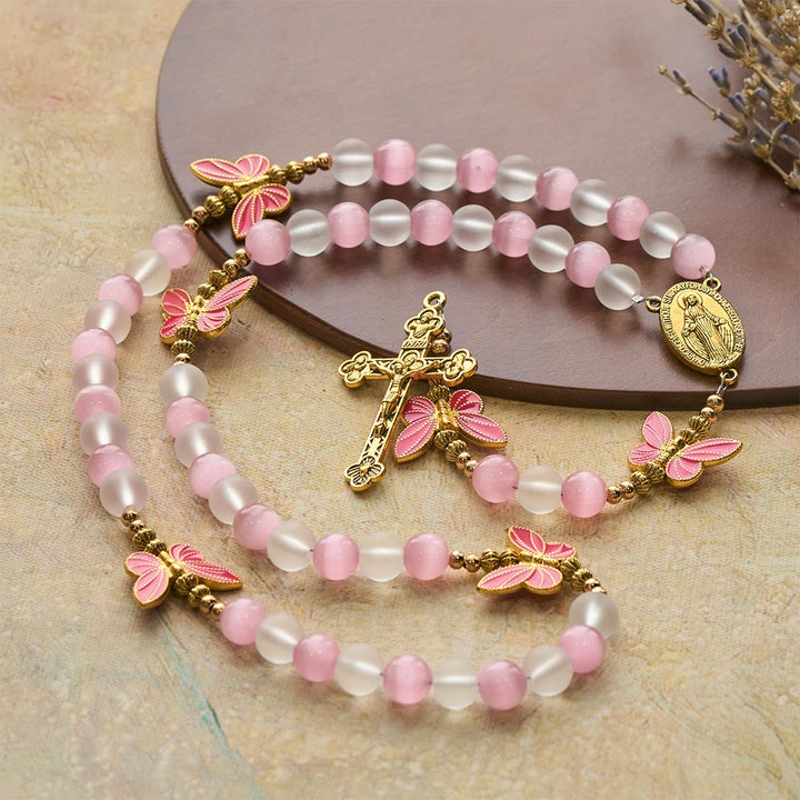 Christianartworkshop Purple/Pink Cat's Eye & Matte Glass Butterfly Blessed Rosary: Embody Sacred Love and Grace - Pink - image 1
