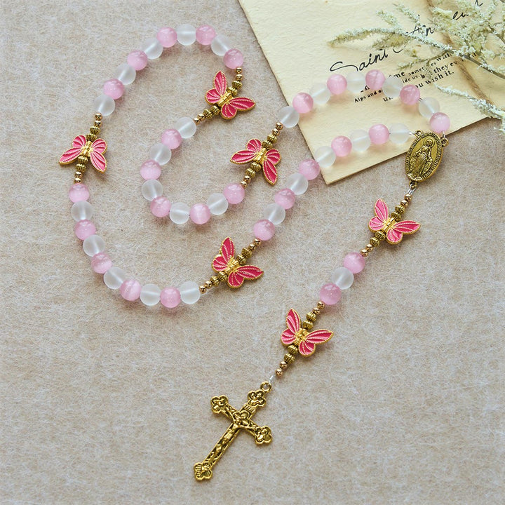 Christianartworkshop Purple/Pink Cat's Eye & Matte Glass Butterfly Blessed Rosary: Embody Sacred Love and Grace - image 15