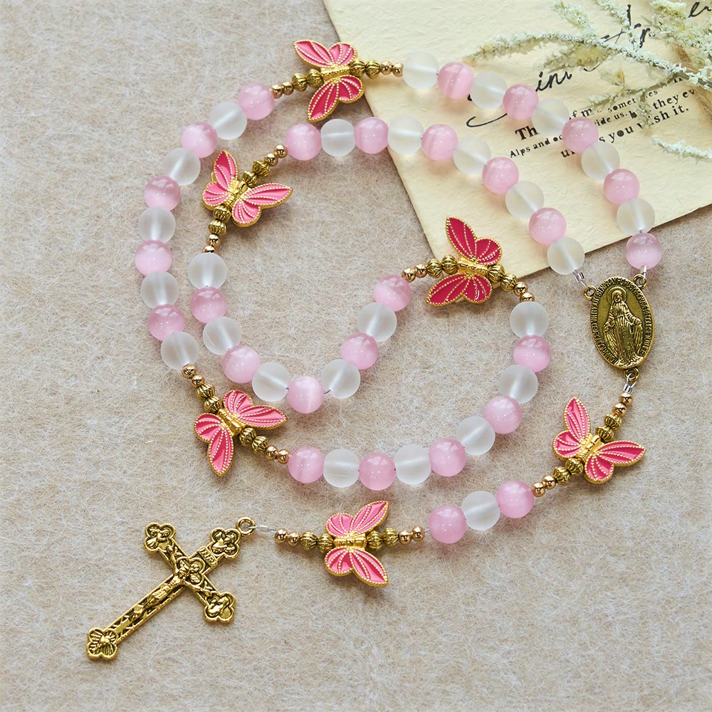 Christianartworkshop Purple/Pink Cat's Eye & Matte Glass Butterfly Blessed Rosary: Embody Sacred Love and Grace - image 7