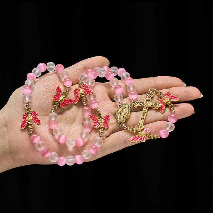 Christianartworkshop Purple/Pink Cat's Eye & Matte Glass Butterfly Blessed Rosary: Embody Sacred Love and Grace - image 3