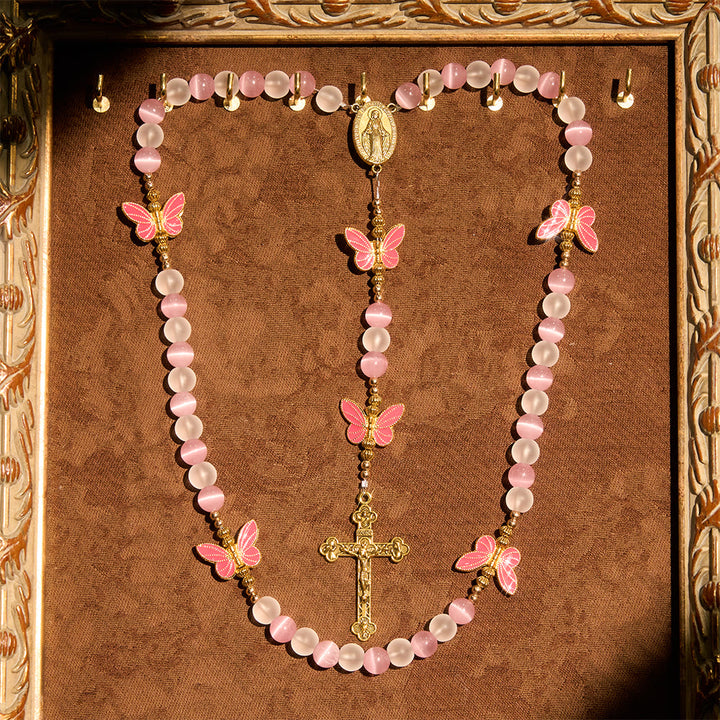 Christianartworkshop Purple/Pink Cat's Eye & Matte Glass Butterfly Blessed Rosary: Embody Sacred Love and Grace - image 5