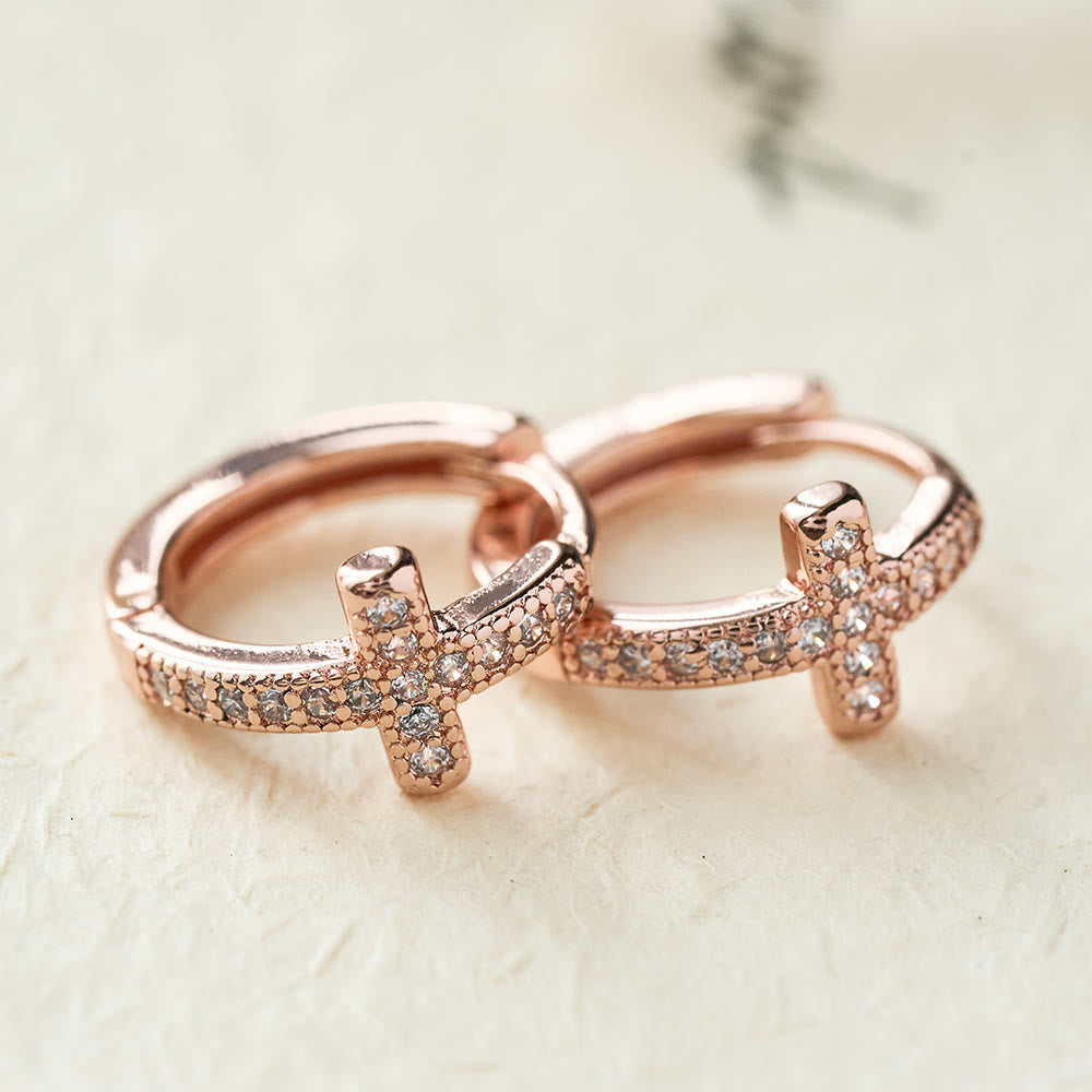 Christianartworkshop Elegant Dual-Color Cross Huggie Hoops: Timeless Beauty of Faith - Golden - image 1