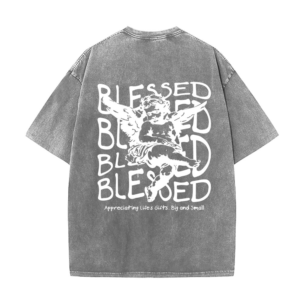 Christianartworkshop Inspired Blessed T-Shirt with Cherub Design Unisex Washed T-Shirt - image 12