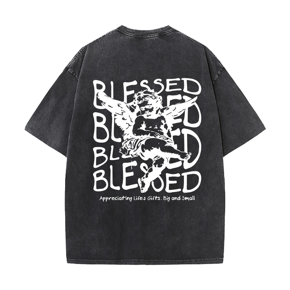 Christianartworkshop Inspired Blessed T-Shirt with Cherub Design Unisex Washed T-Shirt - Black - 5XL - image 3