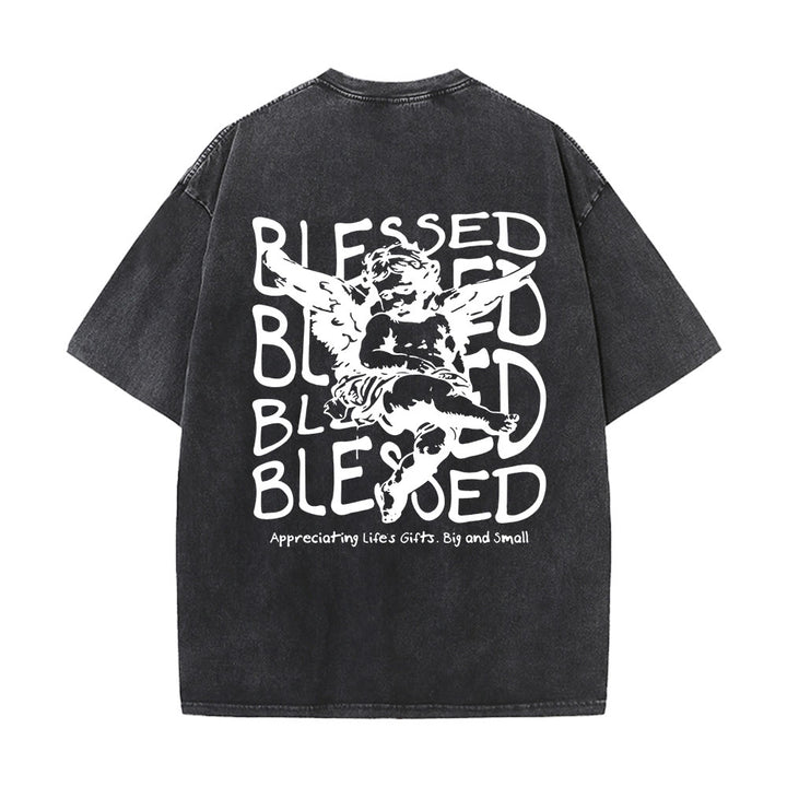Christianartworkshop Inspired Blessed T-Shirt with Cherub Design Unisex Washed T-Shirt - Black - 5XL - image 3