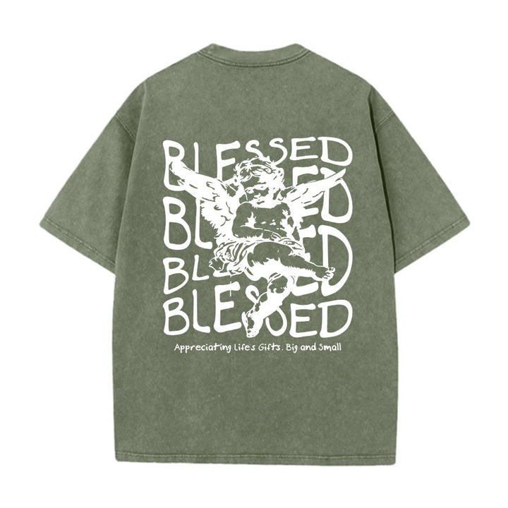 Christianartworkshop Inspired Blessed T-Shirt with Cherub Design Unisex Washed T-Shirt - Army Green - 5XL - image 7