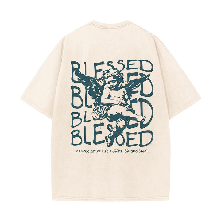 Christianartworkshop Inspired Blessed T-Shirt with Cherub Design Unisex Washed T-Shirt - image 0
