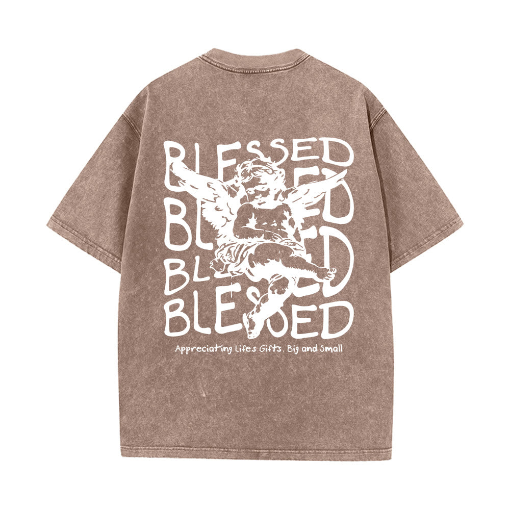 Christianartworkshop Inspired Blessed T-Shirt with Cherub Design Unisex Washed T-Shirt - Coffee - 5XL - image 11