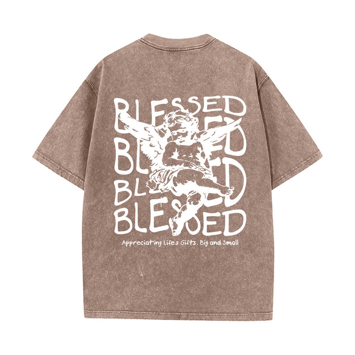 Christianartworkshop Inspired Blessed T-Shirt with Cherub Design Unisex Washed T-Shirt - image 15